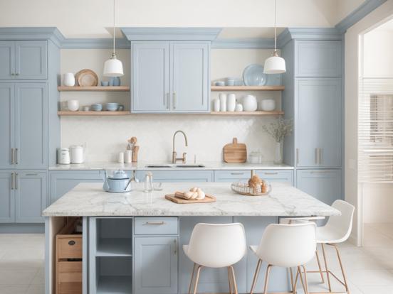 Two chairs at blue kitchen island