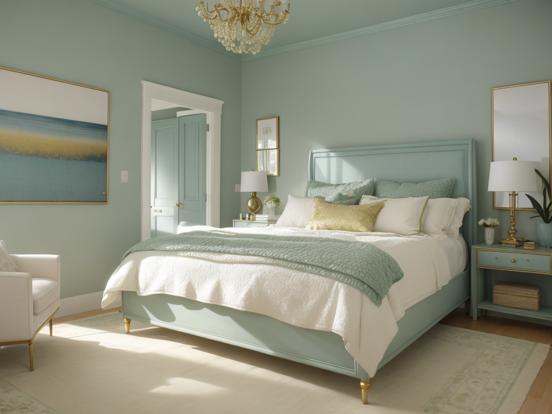 Teal gold serene bedroom decor