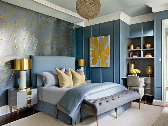 Blue gold bedroom decor