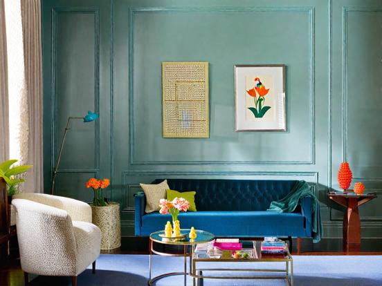 Bright teal living room decor