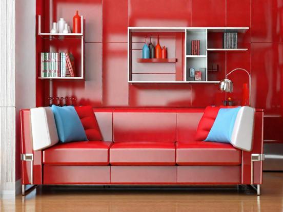 Red couch closeup bookshelf