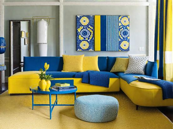 Bright blue yellow living room