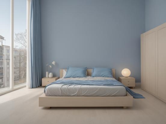 blue and beige bedroom