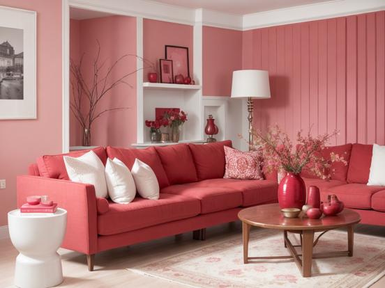 Cozy pink living room red sofa