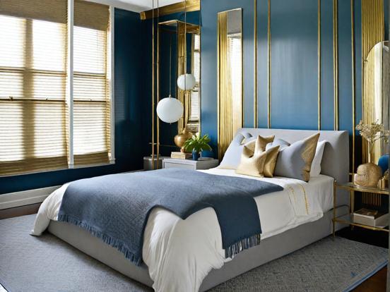 Blue gold bedroom with decor