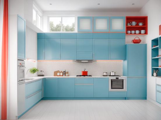 Modern teal orange kitchen closeup