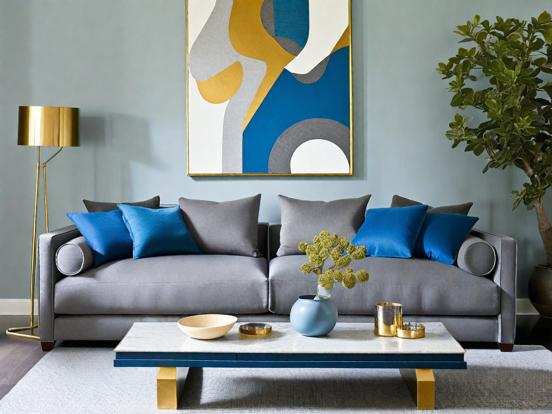 Blue gold couch pillows table