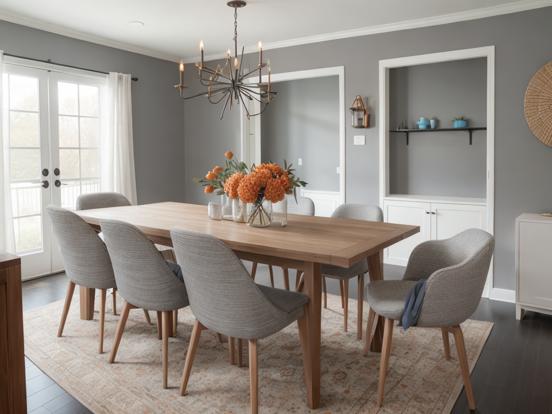 Grey dining table set with rug