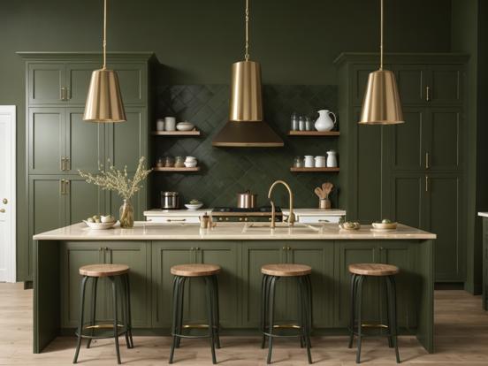 Dark green gold kitchen closeup