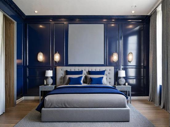 Blue bedroom gray bed bright