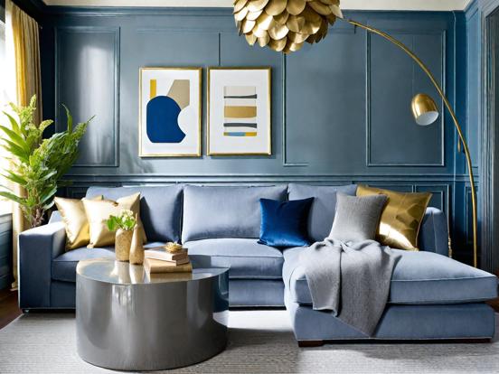 blue grey and gold living room