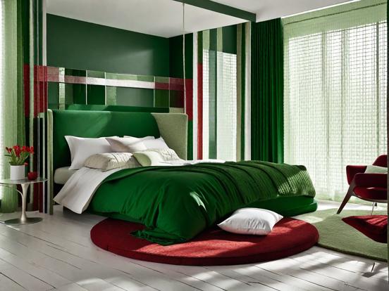 Closeup bed green red room