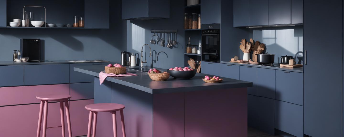 dark blue and pink kitchen