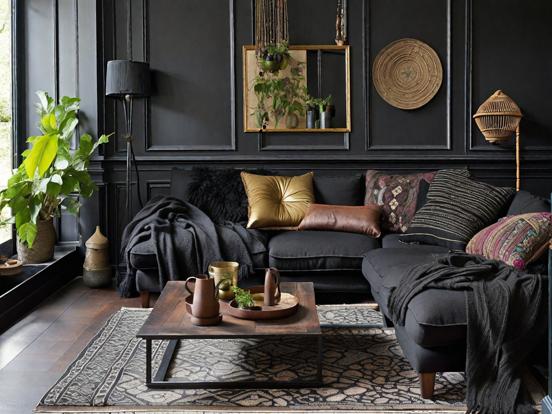 Dark black living room decor