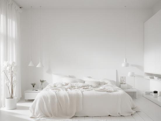 White bedroom close-up, cozy bed