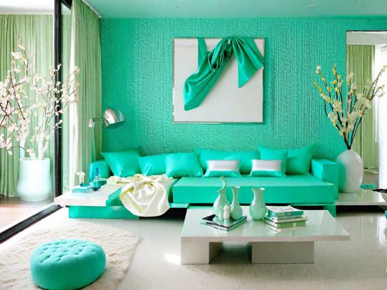 Bright teal living room decor