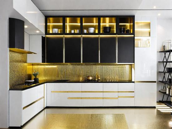 Luxury black gold kitchen closeup