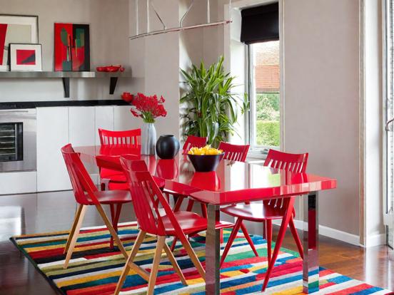 Bright rug red table dining room