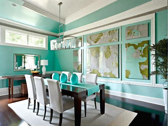 Teal dining room map glass table