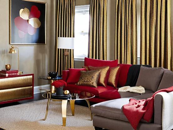 Red gold themed living room