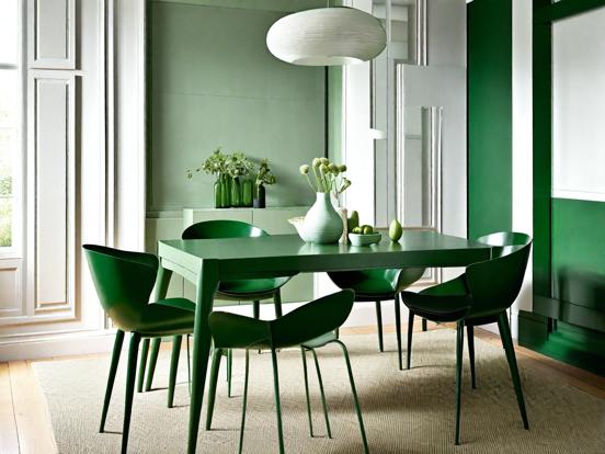 Green table chairs vase setup