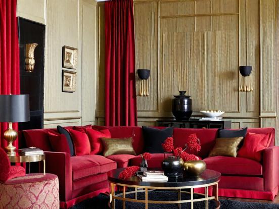 Red gold luxe living room decor