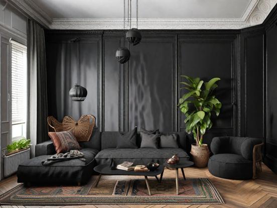 Dark living room with couch