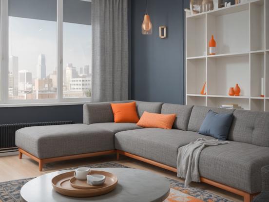 Gray couch orange pillows