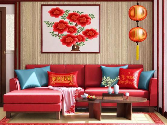 Red couch closeup Asian decor