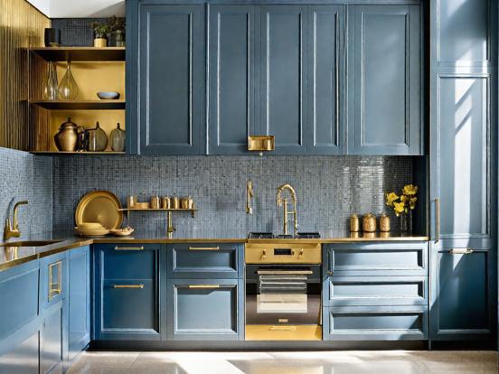 blue grey and gold kitchen