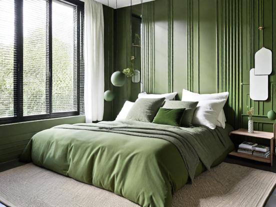 Green bedroom with bed and pillows