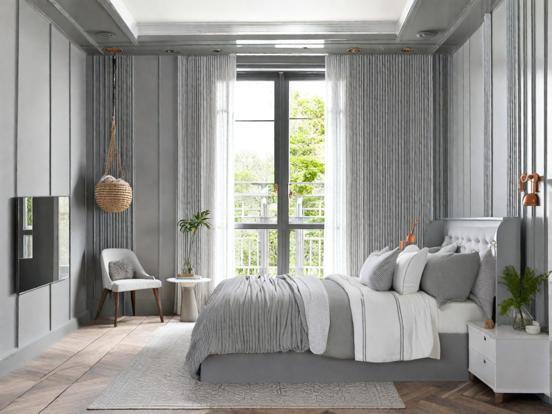 Closeup serene grey bedroom