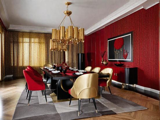 Closeup dining room red gold black