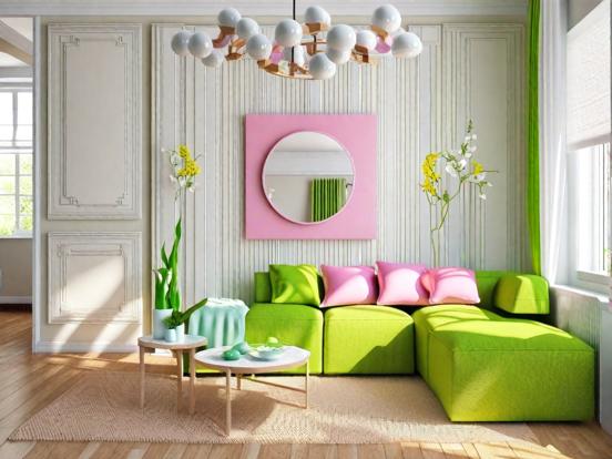 Bright green couch pink room