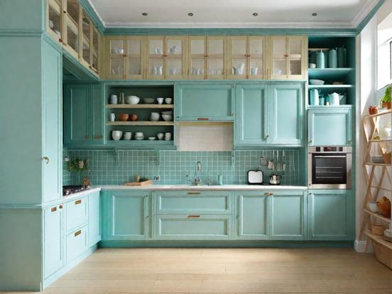 Teal kitchen closeup wood floor