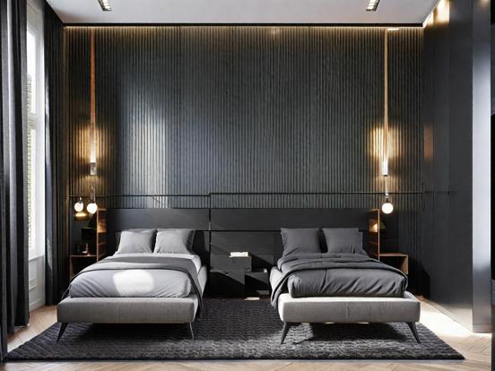 Serene twin bed black room