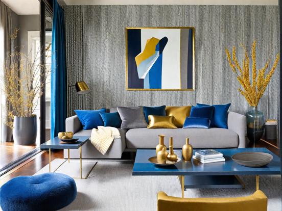 Bright blue yellow living room