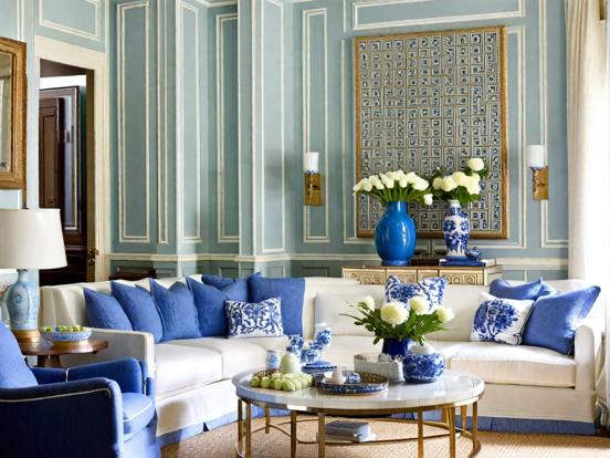 Blue white living room decor