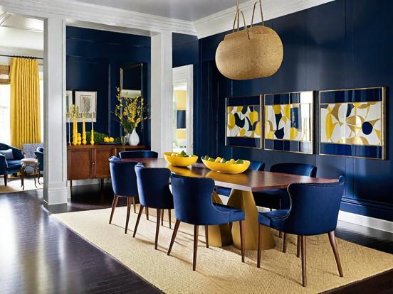 Blue gold dining room closeup