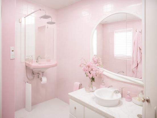 Pink bathroom white sink mirror