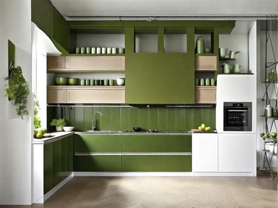 Green kitchen closeup with hues