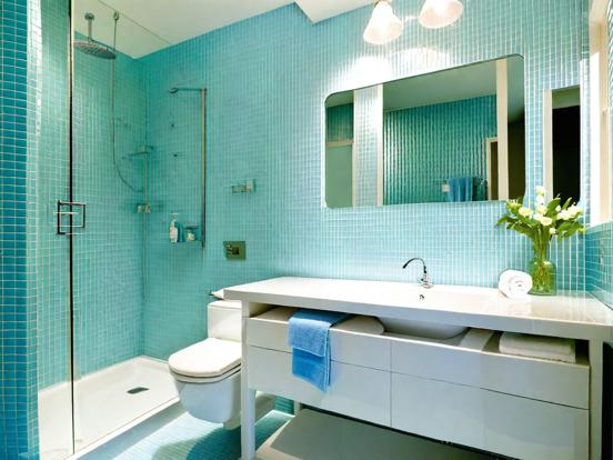 Blue tiled bathroom white sink