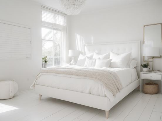 White bedroom bed dresser window