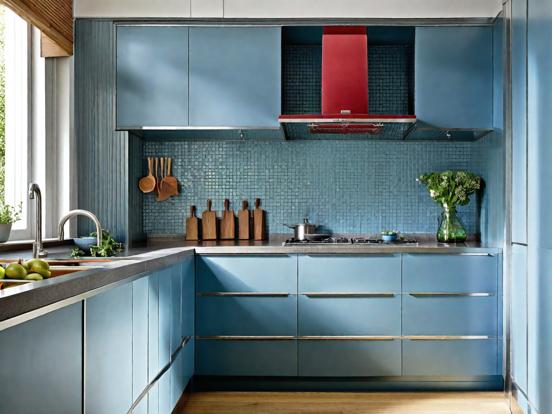 Blue kitchen red hood luxury