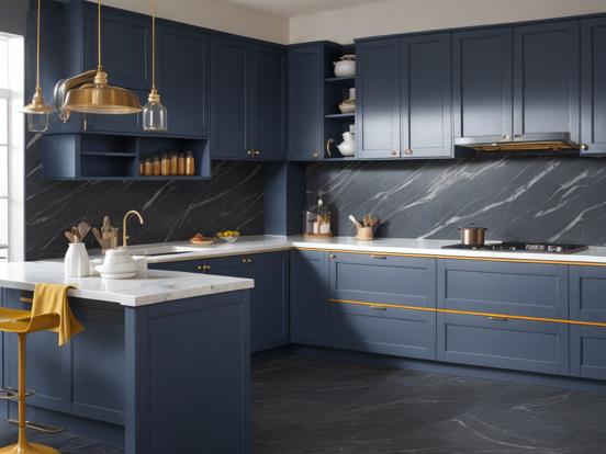 Luxury blue gold kitchen closeup