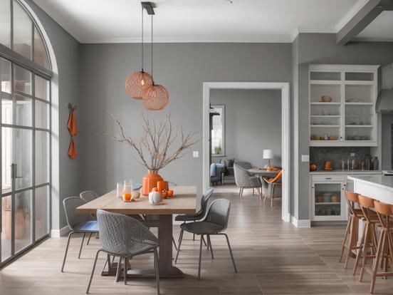 grey and orange dining room