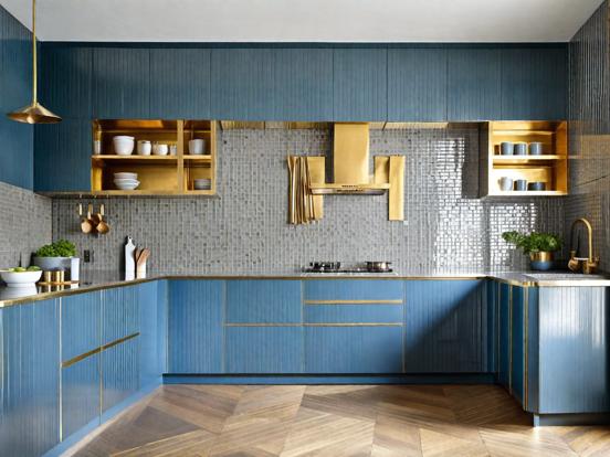 Blue gold kitchen closeup