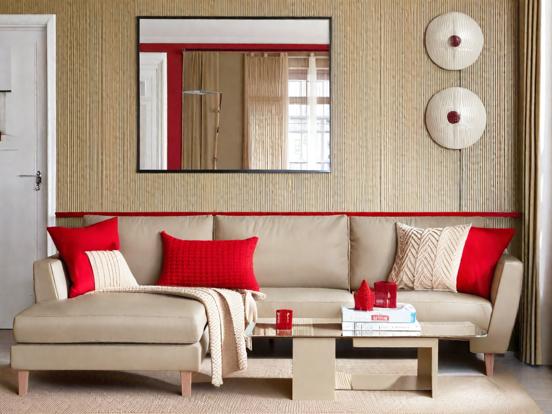 Red beige living room decor