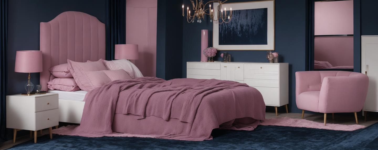 dark blue and pink bedroom