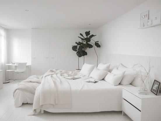 White serene bedroom with plant